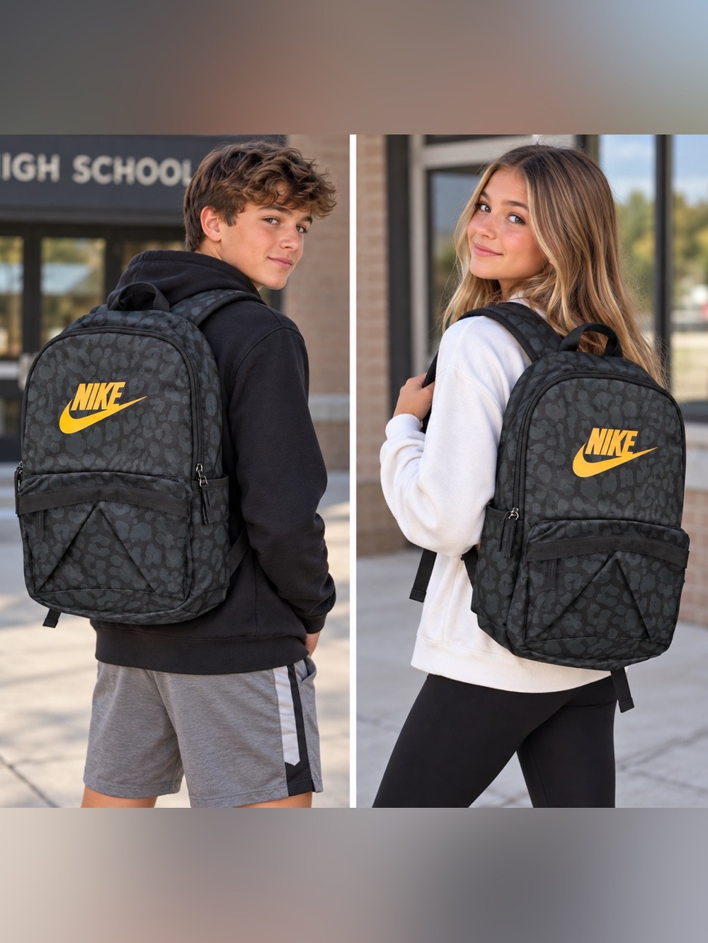 Nike Black Leopard-Print Backpack with Yellow Swoosh